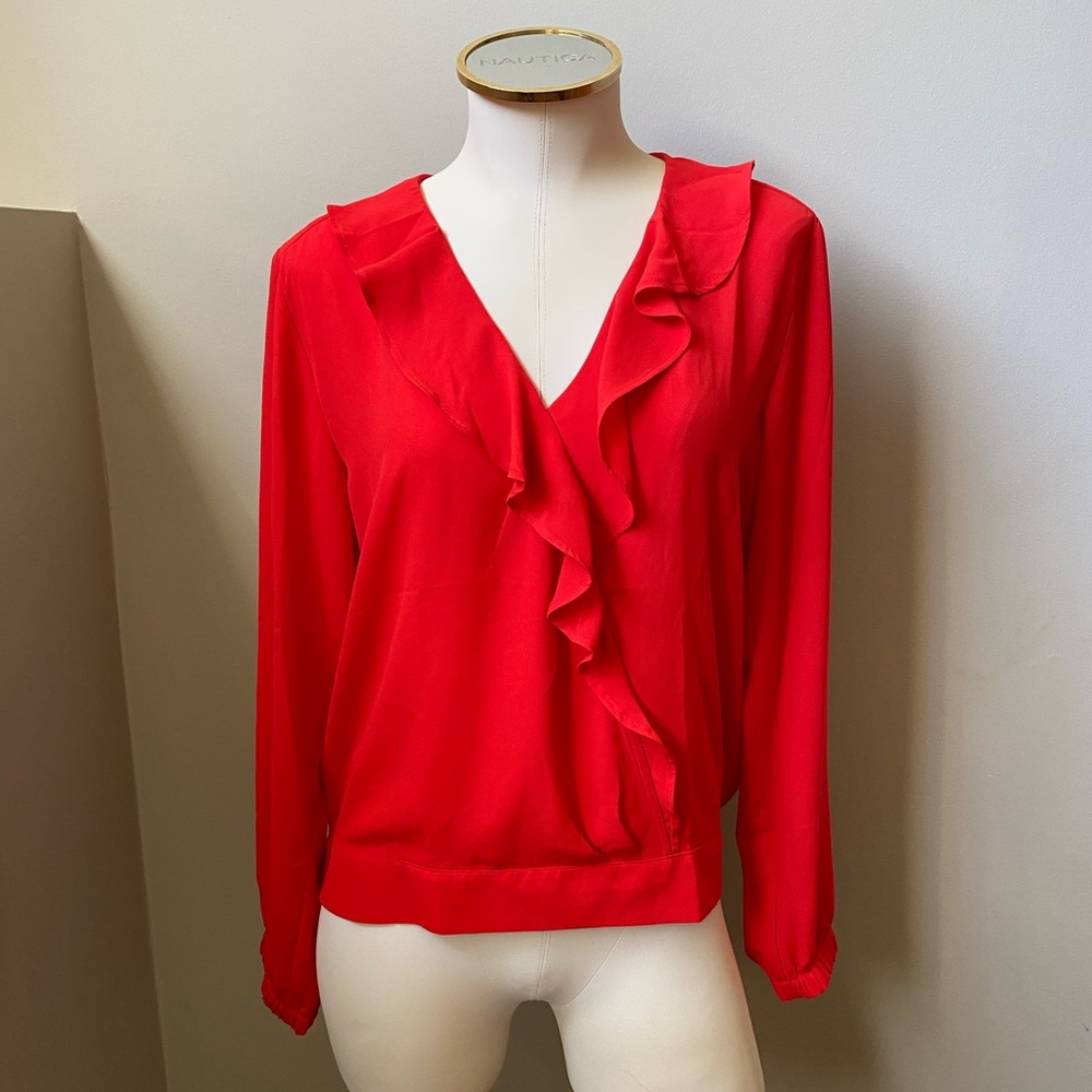 LOFT Bright Red Long Sleeve Ruffle Blouse NWT | Size XS